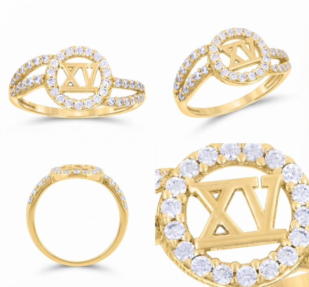 10K yellow gold cubic zirconia quinceañera ring for women different angles