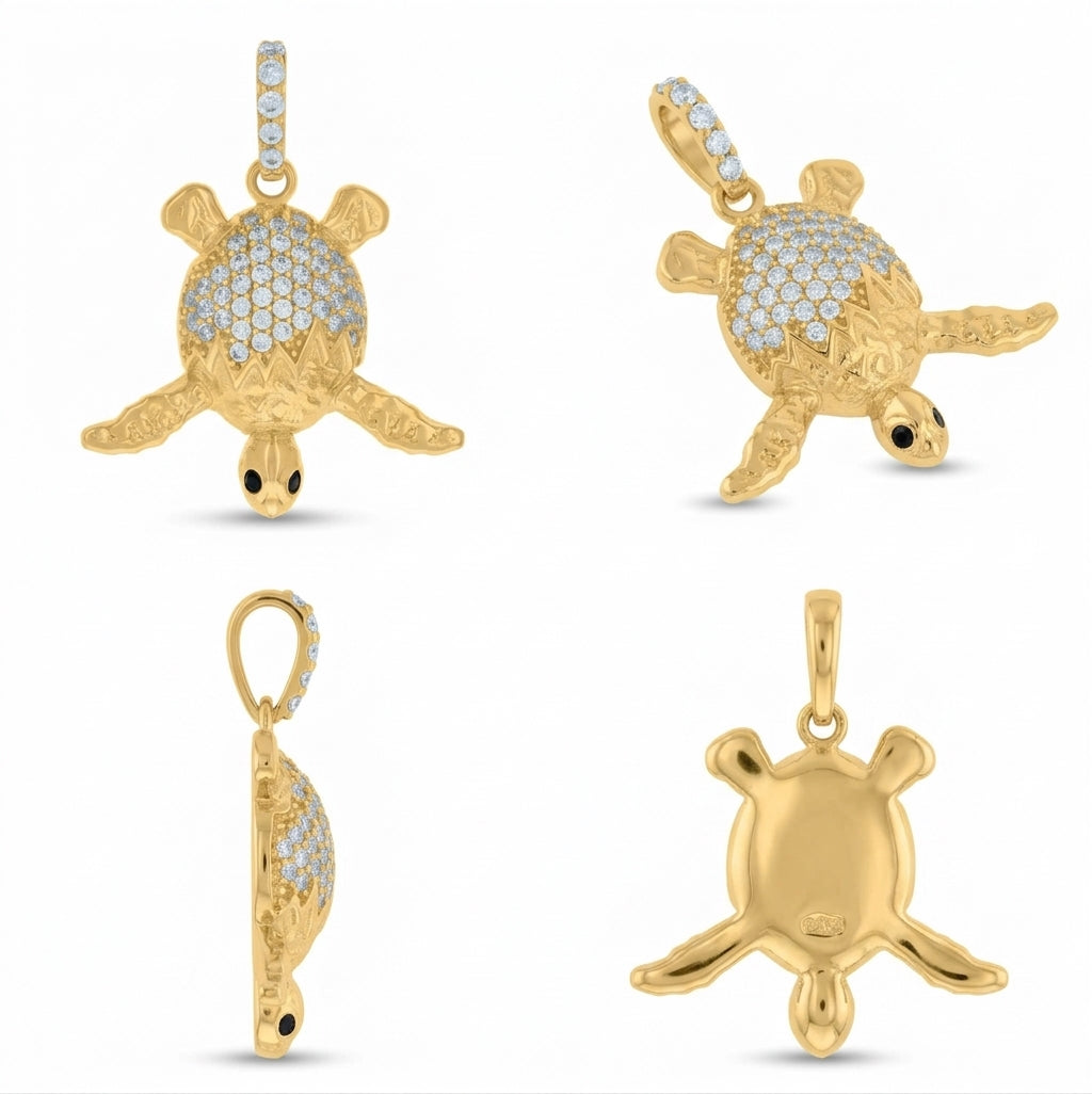 10K yellow gold turtle ocean charm pendant with cubic zirconia accents and black stone eyes different angles