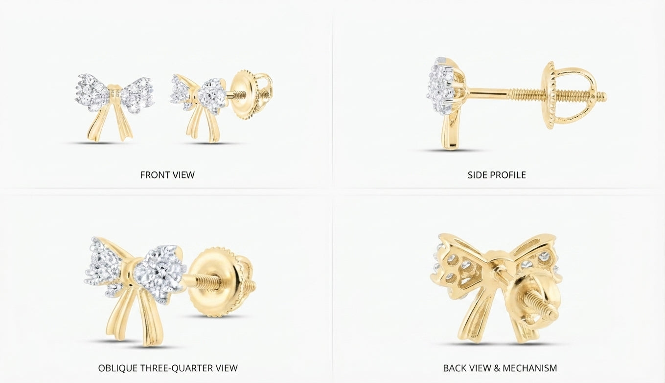 10K yellow gold natural diamond bow earrings worn on ear