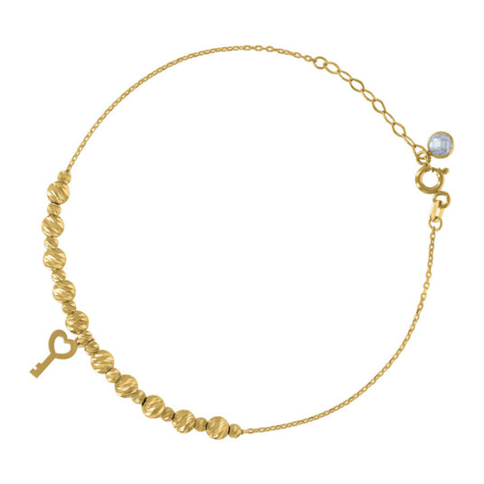 10K yellow gold diamond cut key beaded bracelet 8 inches with spring clasp
