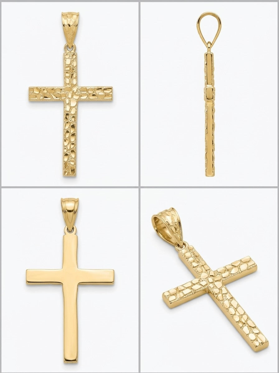 10K yellow gold men's diamond-cut nugget cross pendant different angles