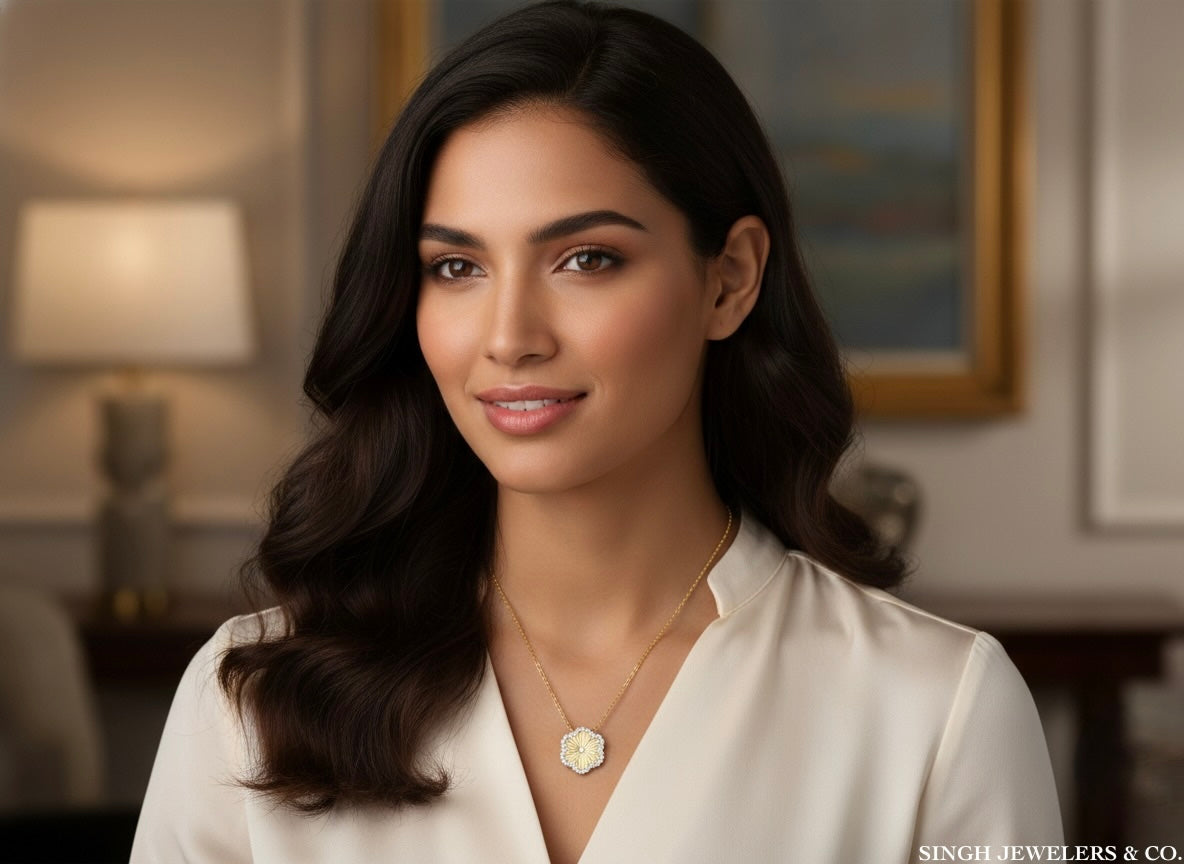 Woman wearing a necklace in an elegant indoor setting