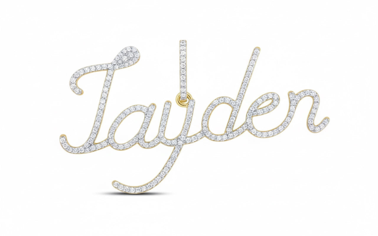 Gold necklace with 'Jayden' in diamonds on a white background