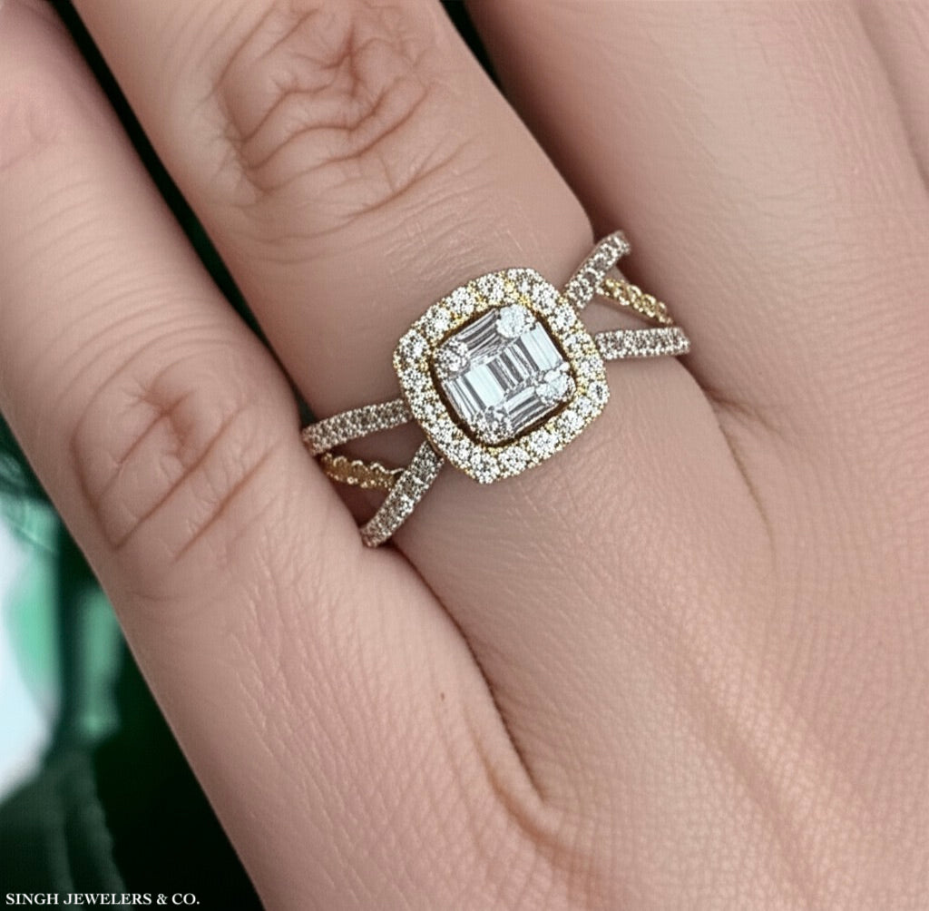 Elegant emerald-cut diamond ring worn on hand, 10K yellow gold setting
