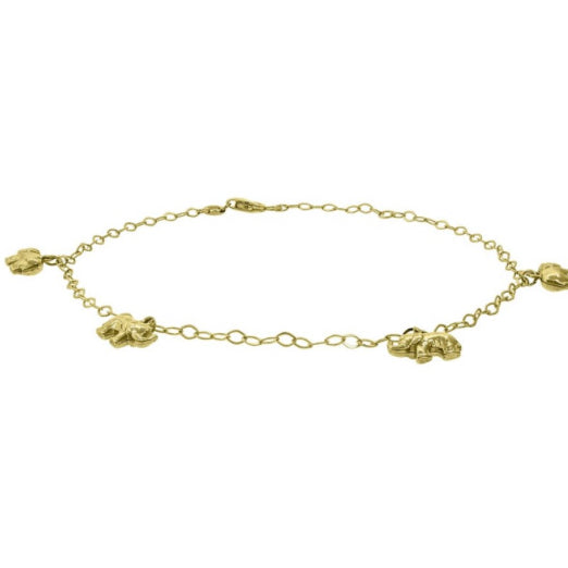 10K yellow gold anklet with elephant charms, 10 inches long, high-polish finish