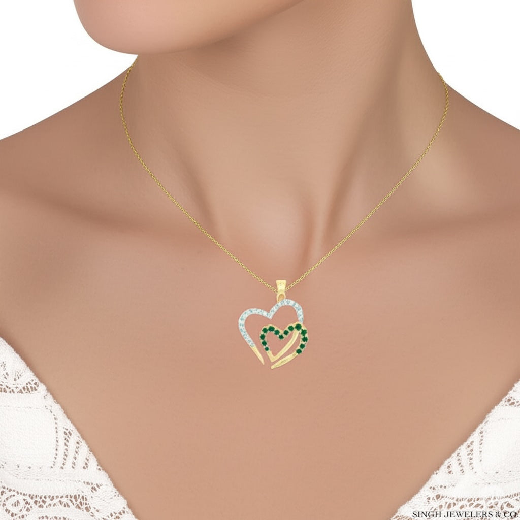 10k yellow gold heart pendant with natural emerald and diamond, elegant jewelry gift for women
