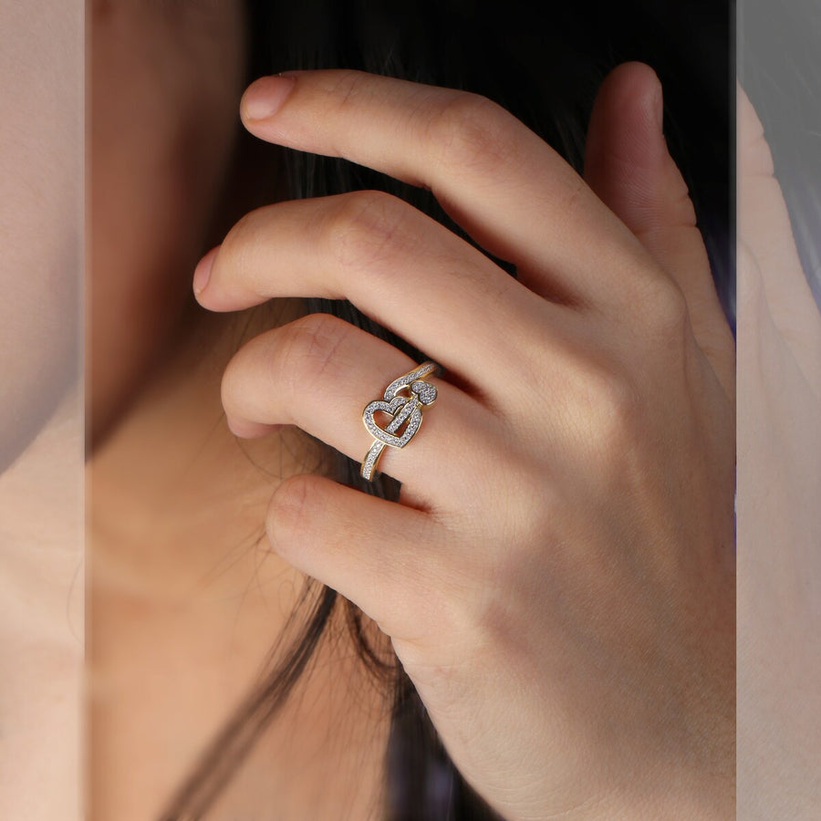 Elegant floating hearts design 10k yellow gold ring with 1/6 Cttw diamonds, size 7