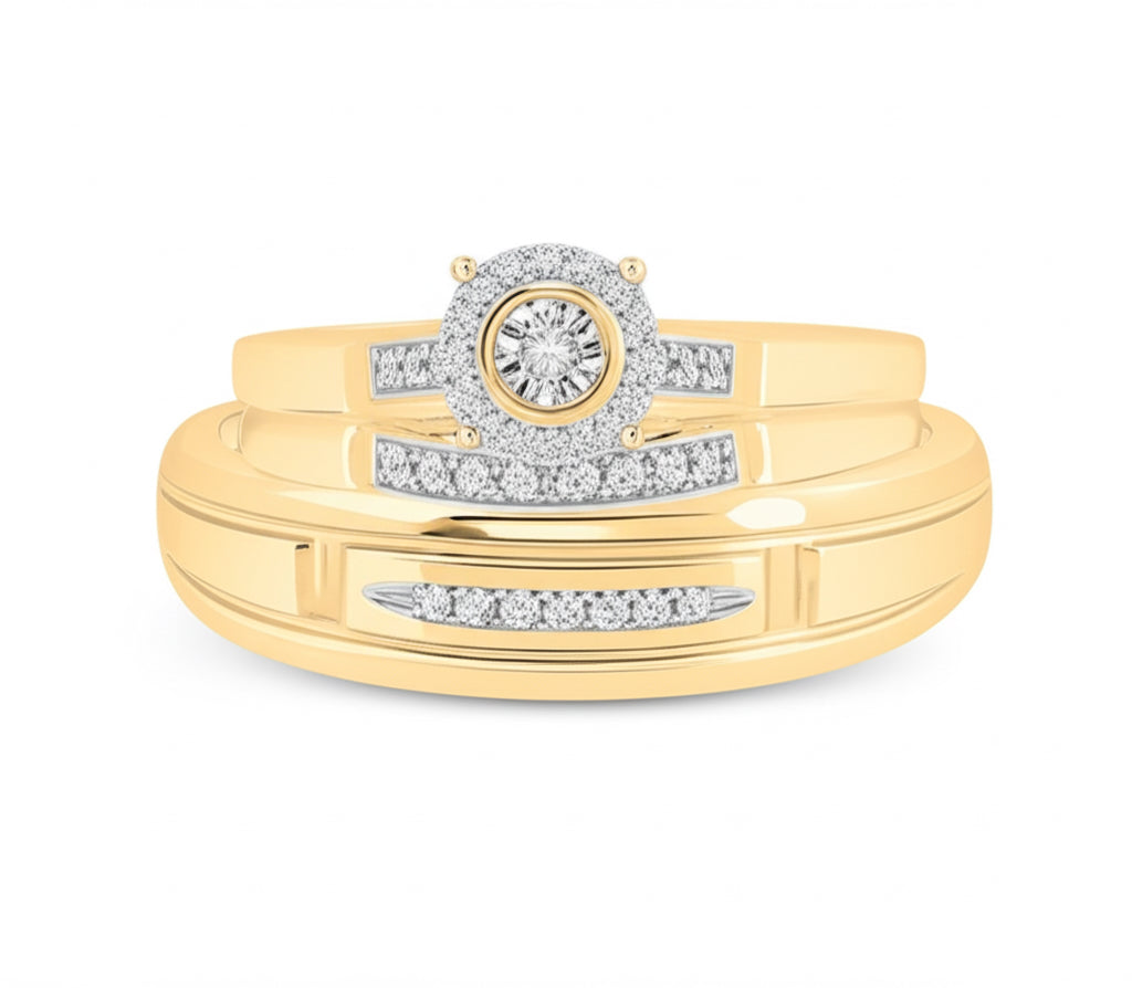 10K yellow gold halo diamond trio bridal ring set – 1/10 Ct