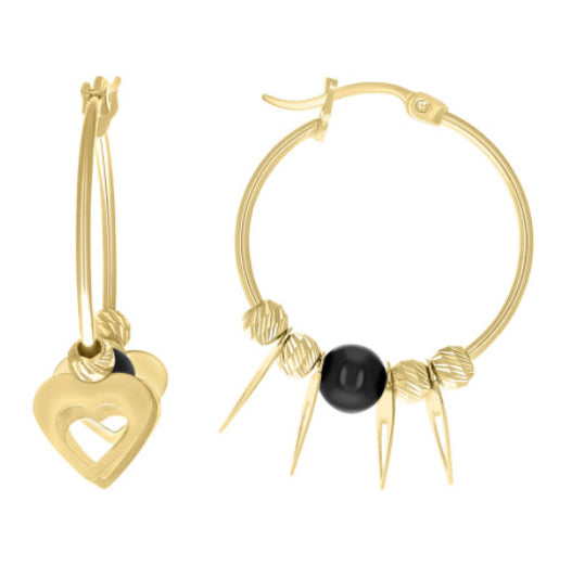 10K yellow gold heart-shaped hoop earrings with black beads, 27.5mm height and 19.1mm width