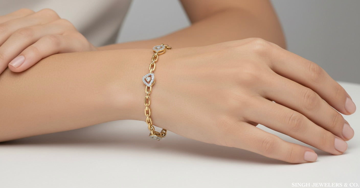 Gold bracelet on a person's wrist with a neutral background