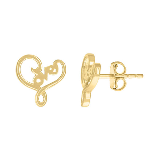 10k yellow gold love heart earrings with pushback closures, 10.1mm height, 9.5mm width.