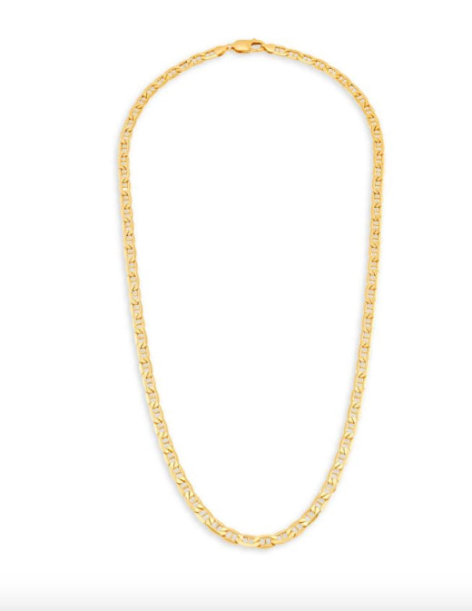 Detailed shot of 10K yellow gold mariner Gucci chain, emphasizing the craftsmanship and luxurious shine of the gold links.