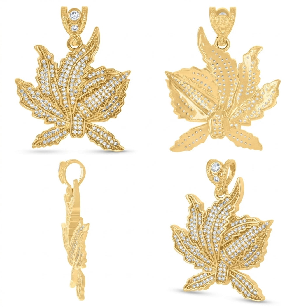 10K yellow gold men's marijuana leaf pendant with cubic zirconia, 39.6 mm high and 32.3 mm wide different angles