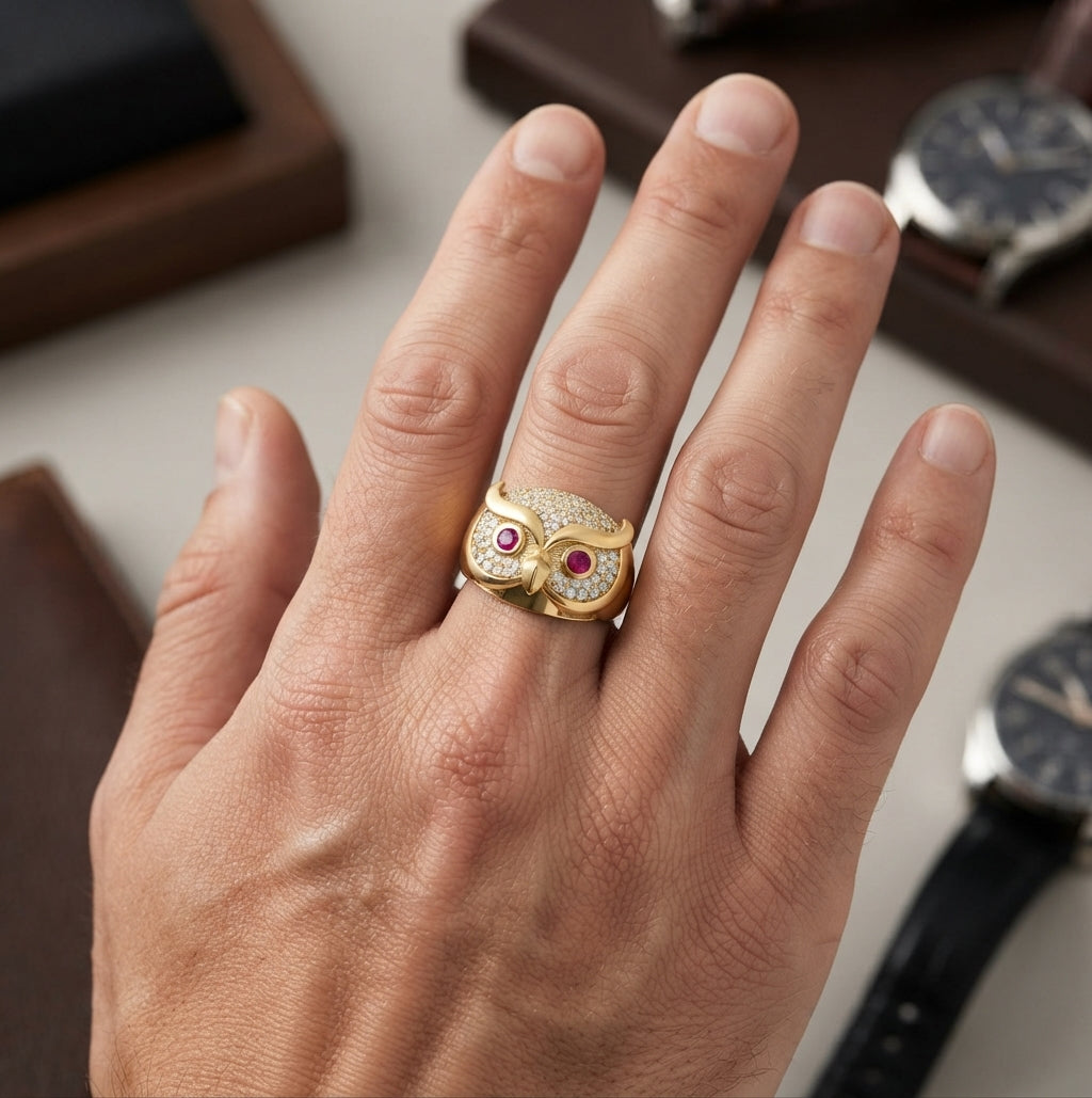 Front view of 10K yellow gold men's owl ring