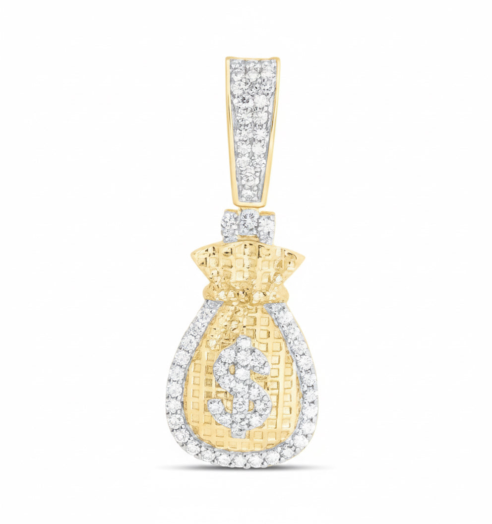 10k yellow gold men's money bag dollar charm with 1/4 CTW natural diamonds, jewelry gift