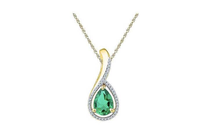 10k yellow gold pear-shaped synthetic emerald pendant with 1/12 Cttw diamond accents
