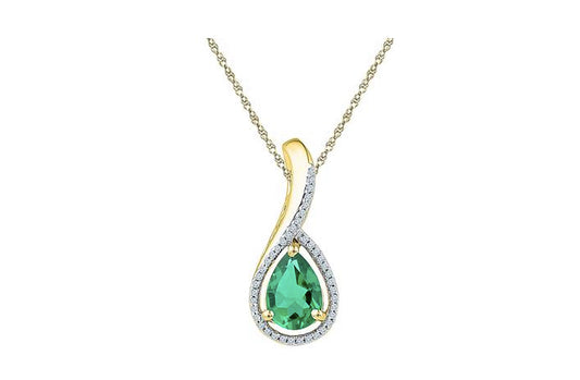 10k yellow gold pear-shaped synthetic emerald pendant with 1/12 Cttw diamond accents