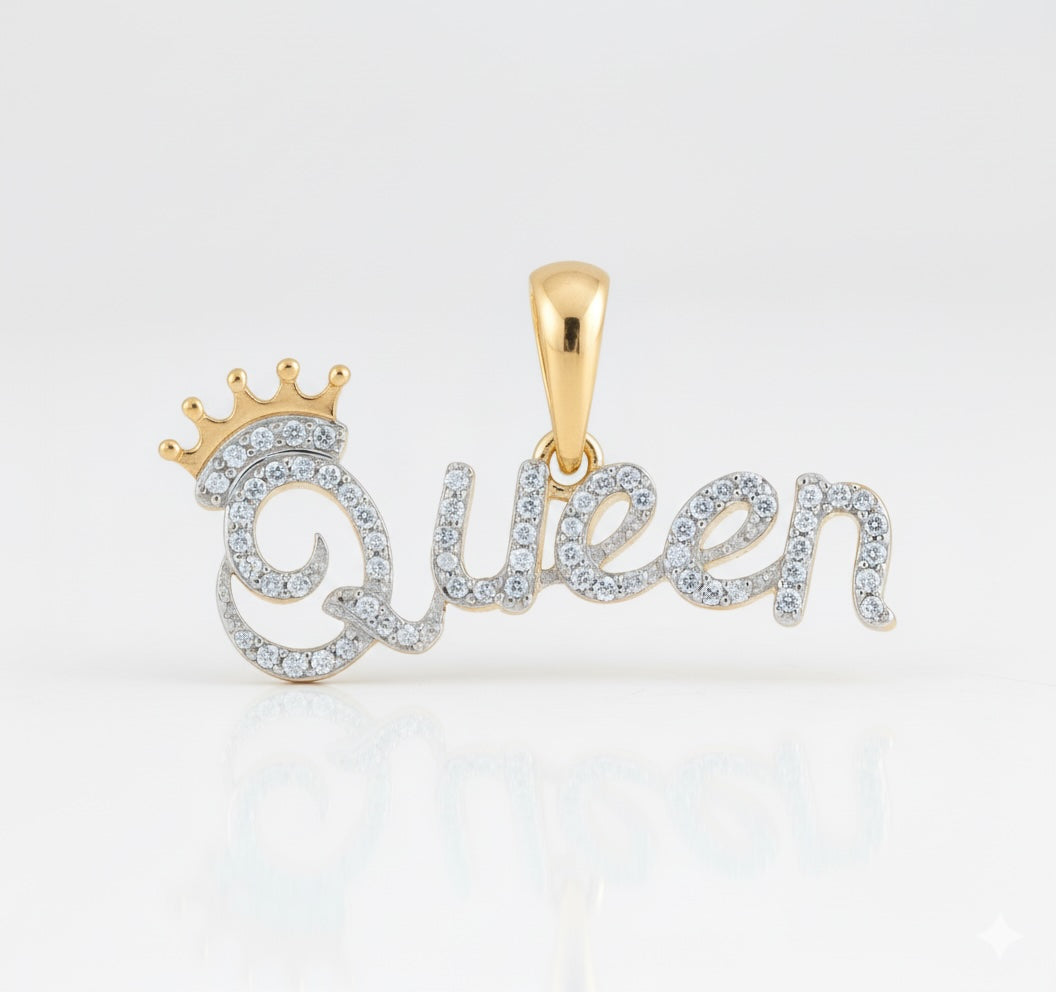Gold and silver 'Queen' pendant with a crown on a white background