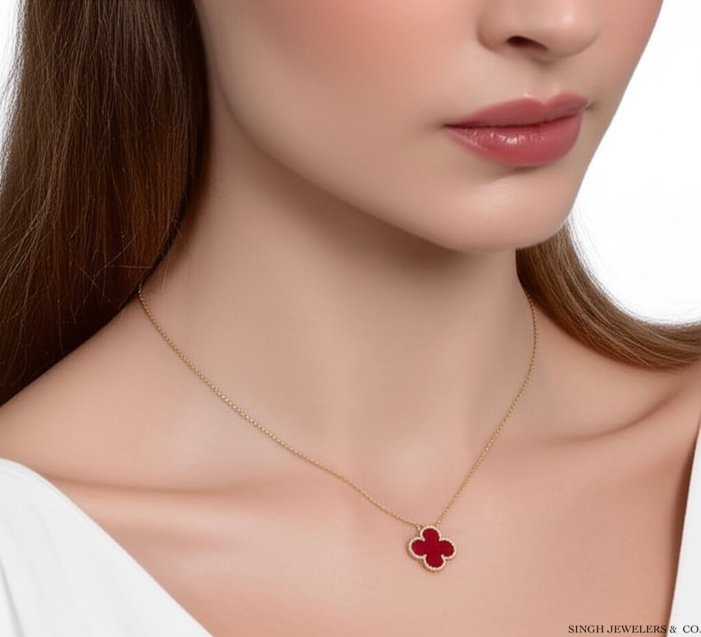 10K Yellow Gold Red Clover Pendant Necklace on Model