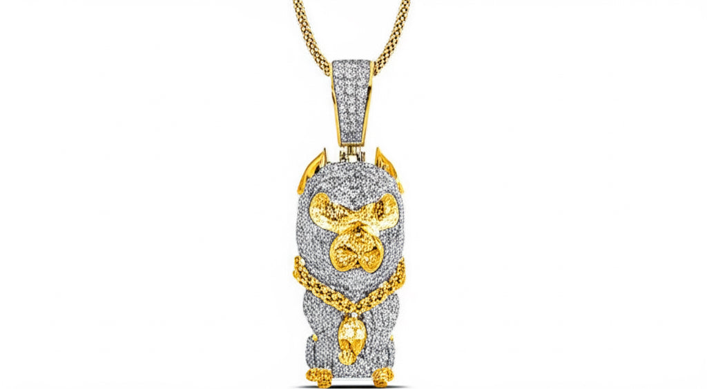 Close-up of a 10K yellow gold dog-shaped charm pendant adorned with 3 carat total weight of round diamonds.