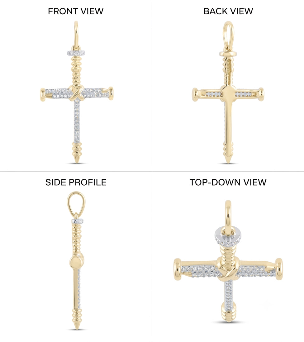 Close-up of round diamonds on 10K gold cross pendant