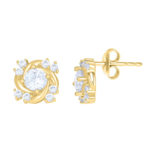 10K yellow gold swirl earrings with white sapphires, elegant and sparkling jewelry