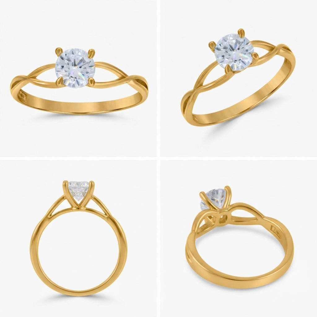 10K yellow gold women's infinity engagement ring with round cubic zirconia different angles