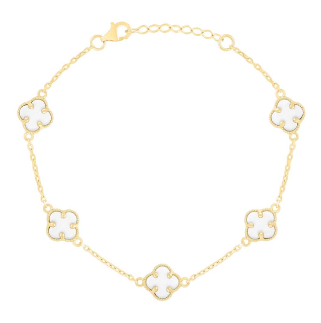 14k Yellow Gold Clover White Bracelet 7.5” Adjustable