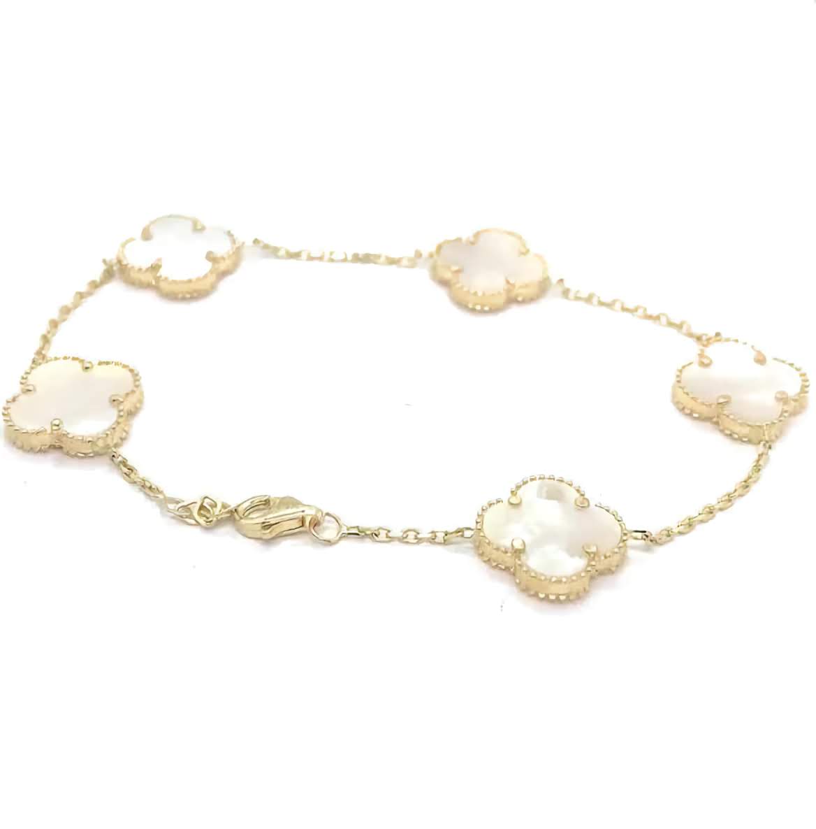14k Yellow Gold Clover White Bracelet 7.5” Adjustable