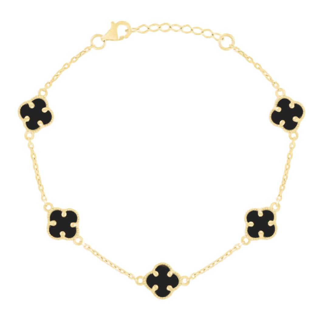 14k Yellow Gold Black Enamel Clover Bracelet