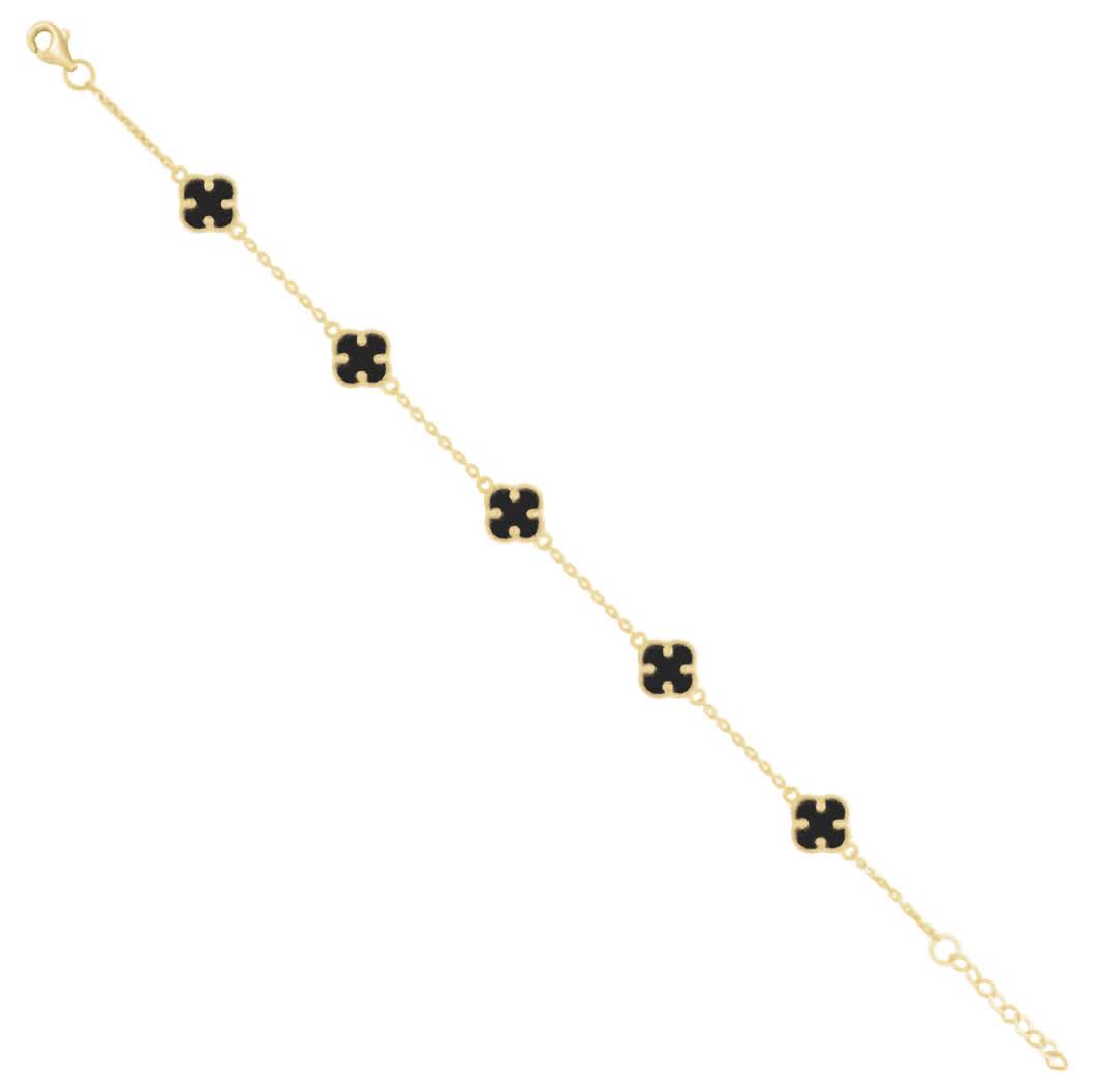 Adjustable 10k gold Black Clover bracelet, yellow gold charm, fits size 7.5 wrist, symbolizing luck.
