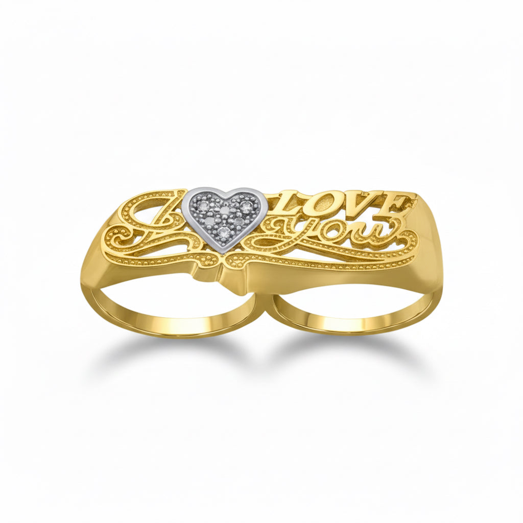 10kt Two-Tone Gold 'I Love You' Two-Finger Ring with Cubic Zirconia
