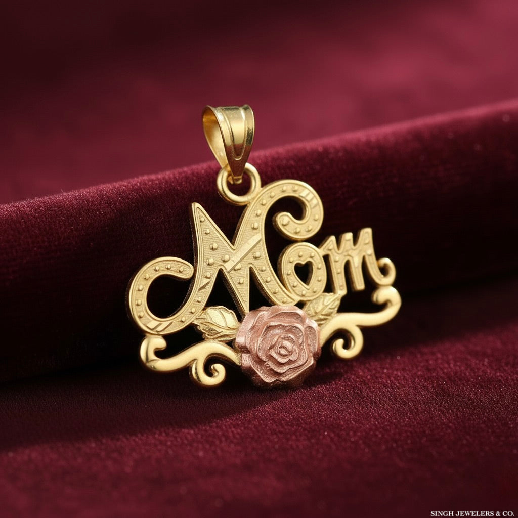 10kt two-tone gold diamond-cut rose Mom charm pendant for women, no chain included