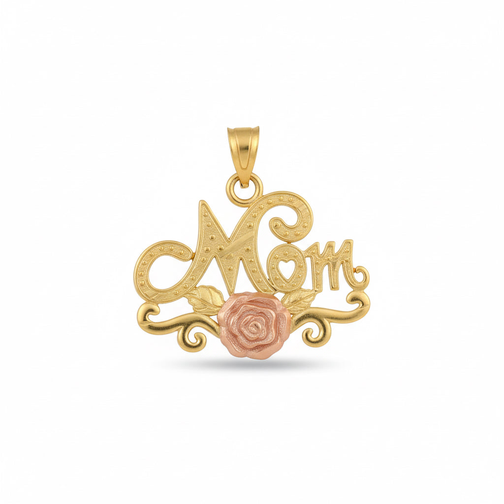 10kt two-tone gold diamond-cut rose Mom charm pendant for women, no chain included