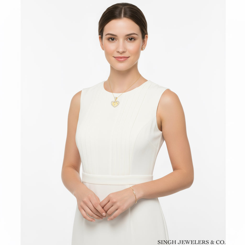 Woman wearing a white dress with a necklace on a plain background, featuring the brand 'Singh Jewelers & Co'.