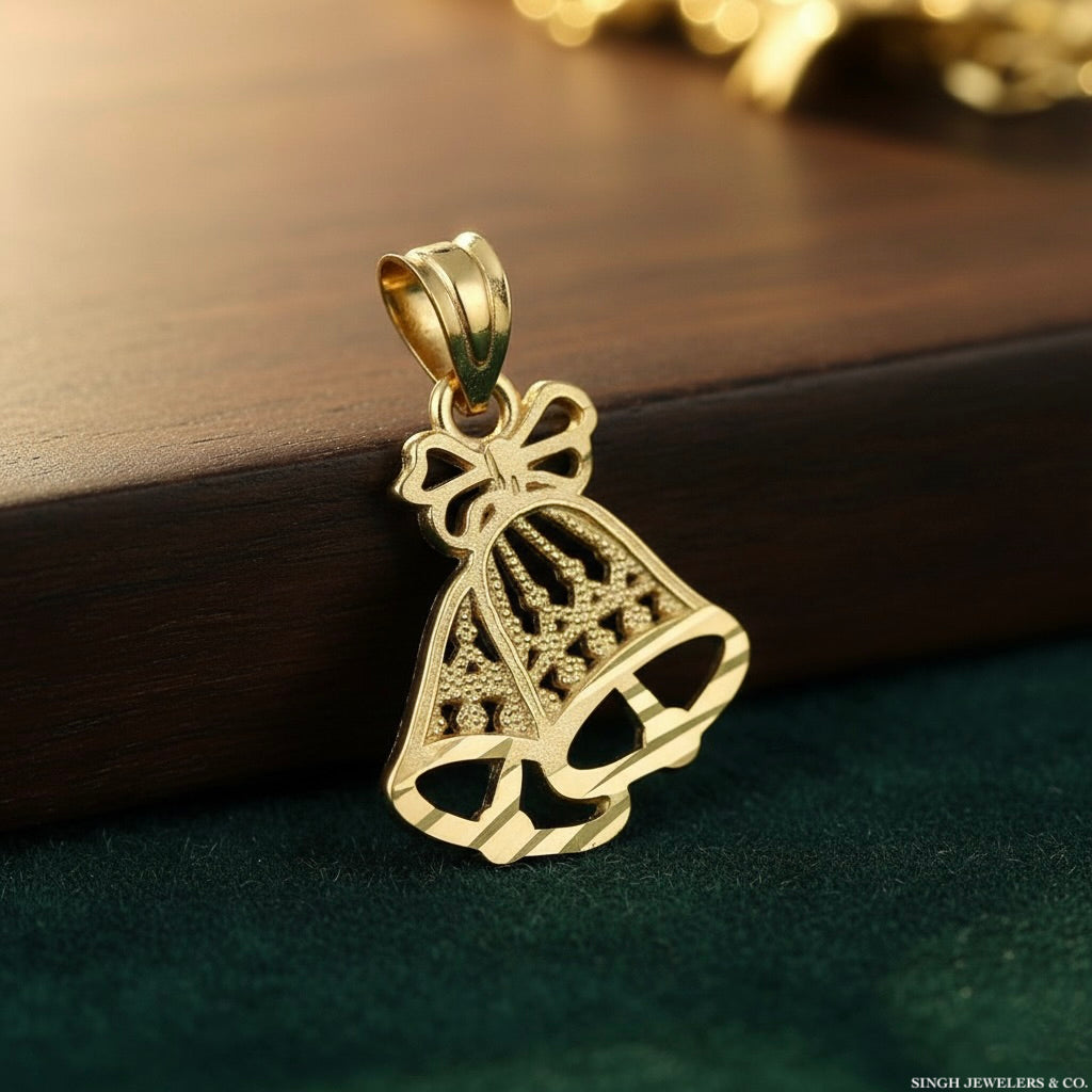 10kt yellow gold diamond-cut bells charm pendant for women, no chain included