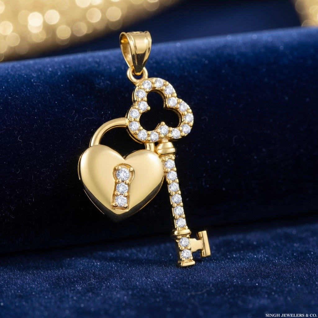 Gold heart lock and key pendant with diamonds on a blue background