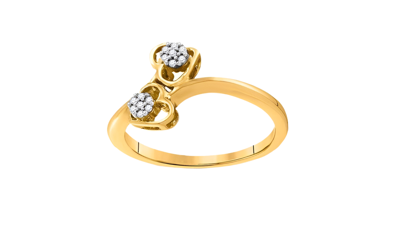 10K Yellow Gold Round 1/20 Cttw Diamonds Double Hearts Bypass Ring