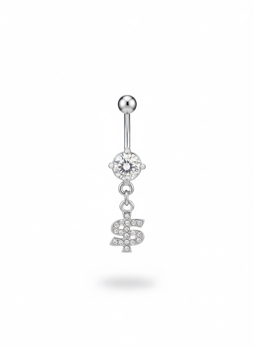 14G stainless steel dollar sign dangle belly button ring with clear cubic zirconia stones