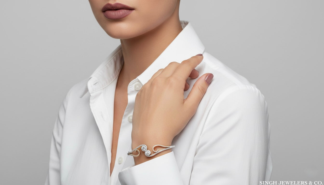 14K gold diamond curl flower bangle, elegant handcrafted fine jewelry luxury on model wrist