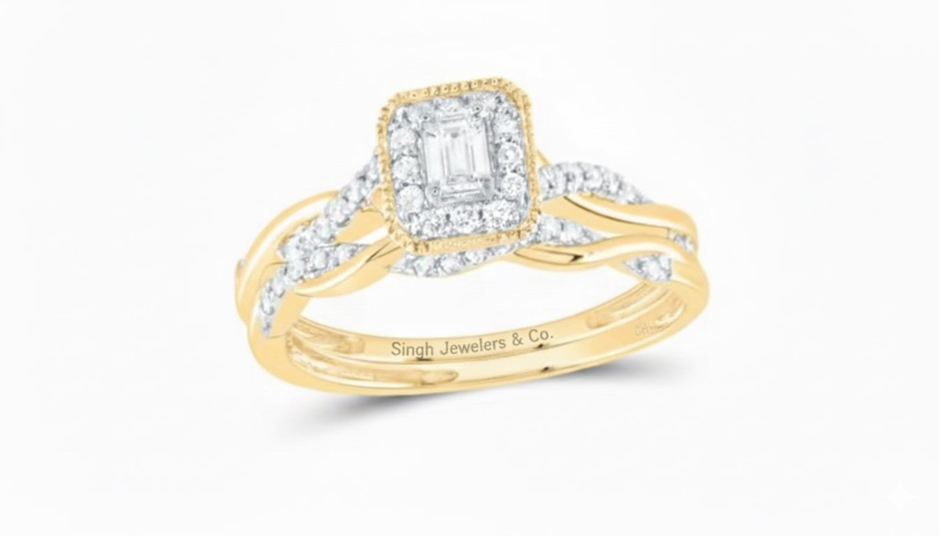14K Emerald Halo Bridal Duo Ring Set 1/3 CT