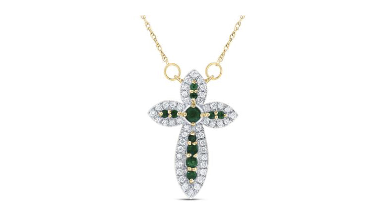 14k yellow gold cross necklace with natural diamonds and emerald gemstones on 18-inch chain