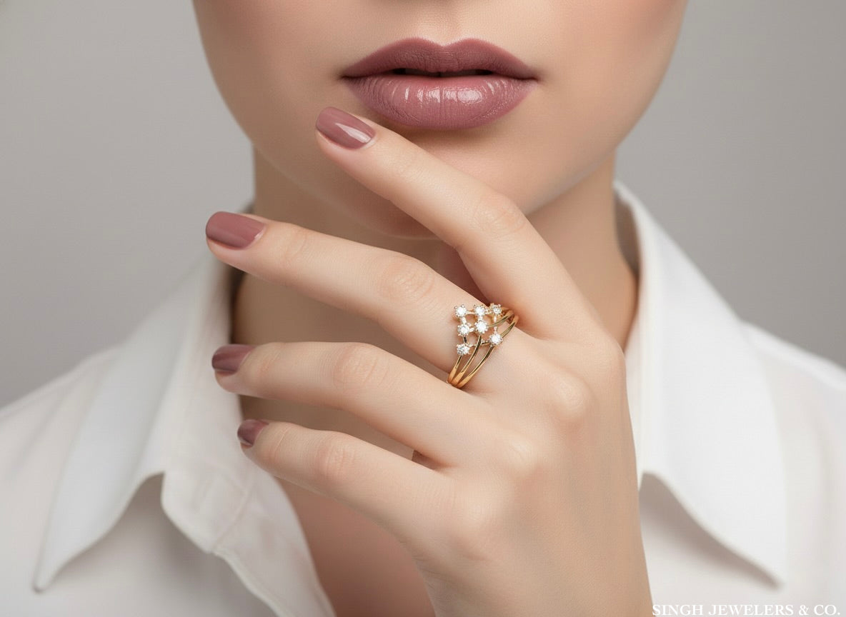 14k gold CZ contour ring worn on hand