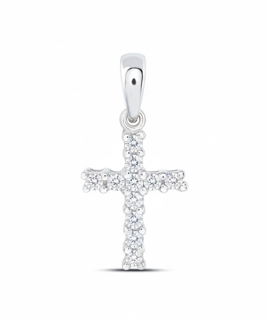 Close-up of 14K gold diamond cross pendant, perfect for gifting