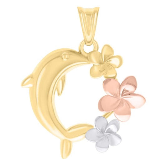 14K yellow gold dolphin pendant with tri-tone flower design, 28.1mm x 22.9mm, no chain included