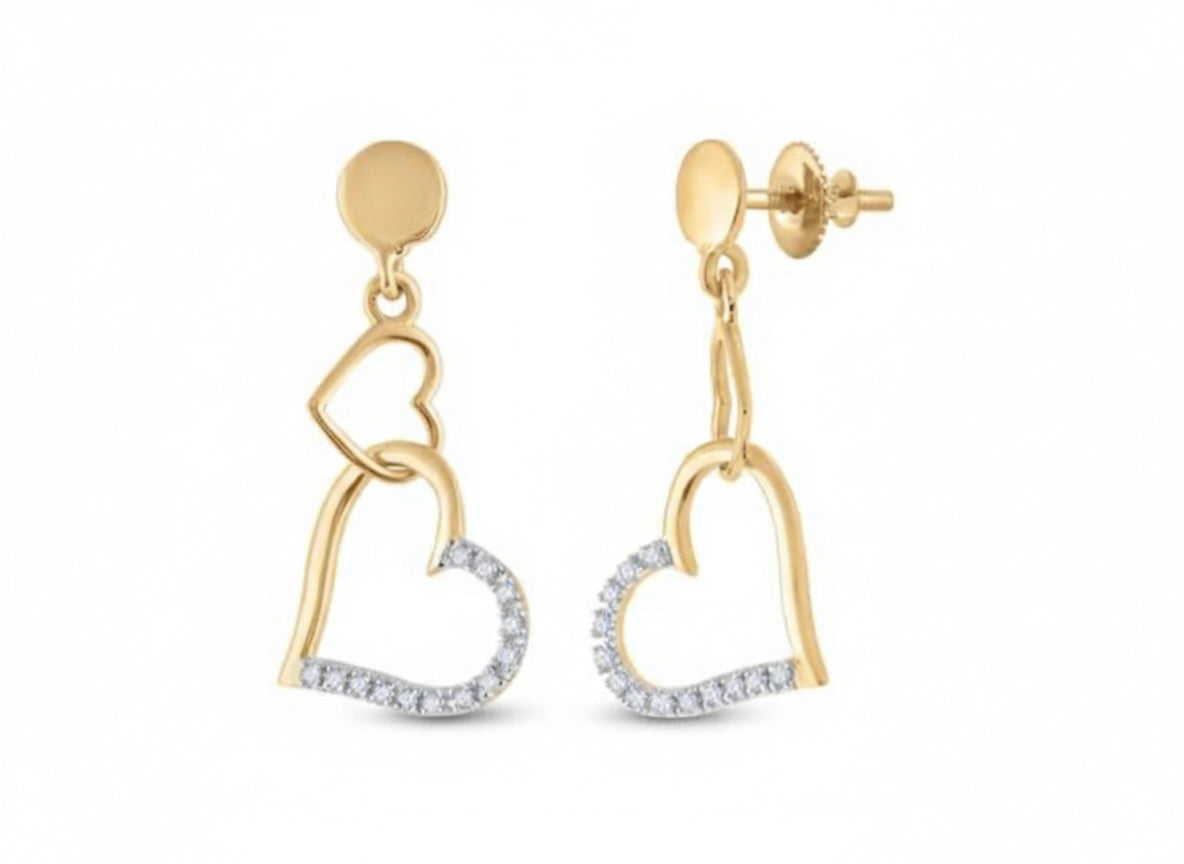 14K yellow gold heart dangle earrings with 1/10 CTW round diamonds