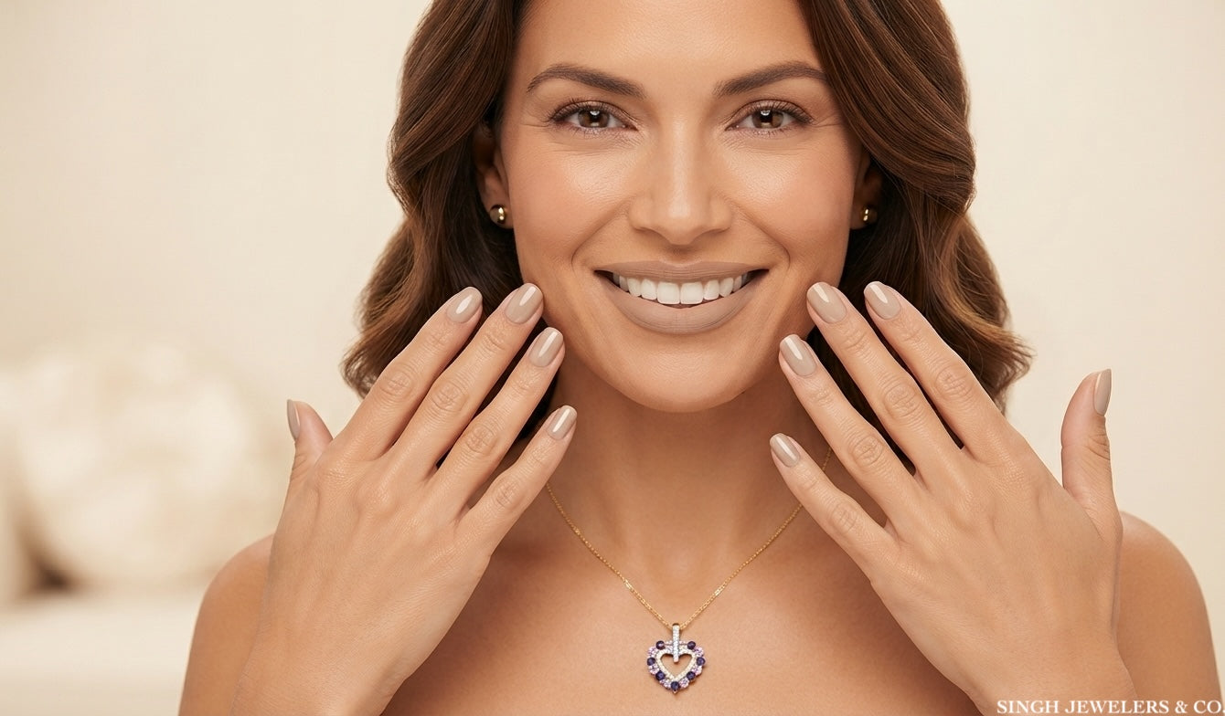 A smiling woman with wavy brown hair poses with her hands near her face, wearing a delicate gold necklace with a heart-shaped pendant featuring blue and purple stones. The background is a soft, warm beige studio setting.