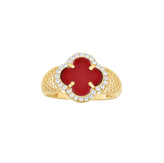 14K Yellow Gold Red Clover CZ Ring – front view