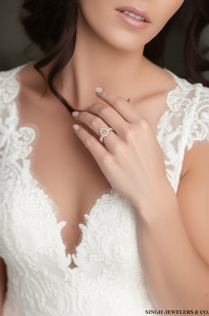 Woman wearing a white lace dress with a close-up of her hand holding a ring, branded 'Singh Jewelers & Co'.