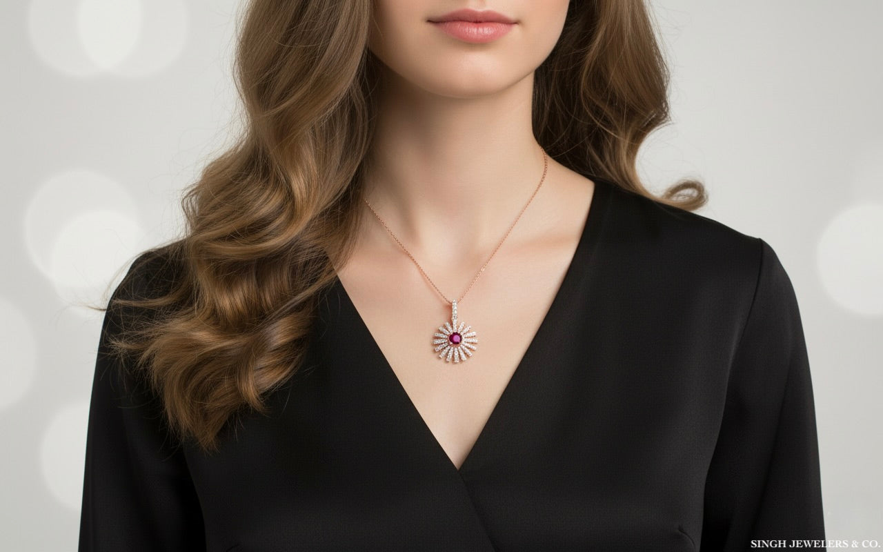 Woman wearing a necklace with a visible brand logo against a neutral background